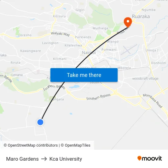 Maro Gardens to Kca University map