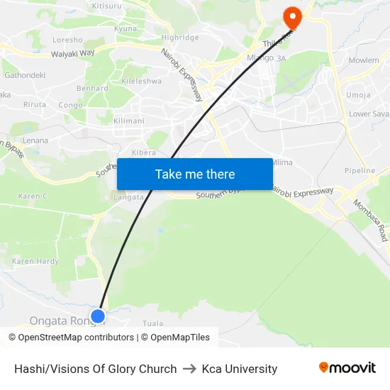 Hashi/Visions Of Glory Church to Kca University map