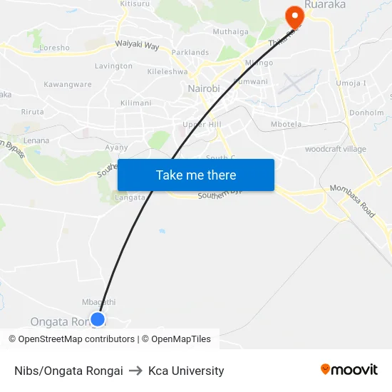 Nibs/Ongata Rongai to Kca University map