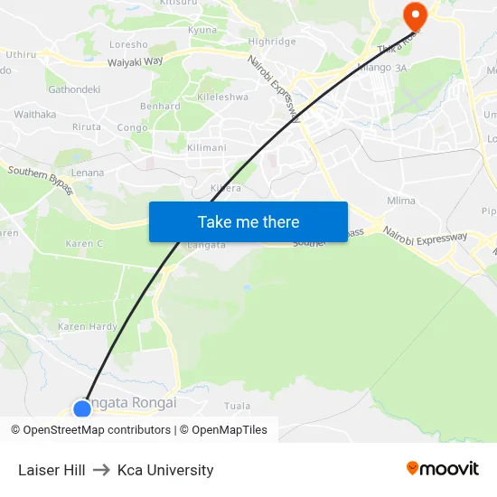 Laiser Hill to Kca University map