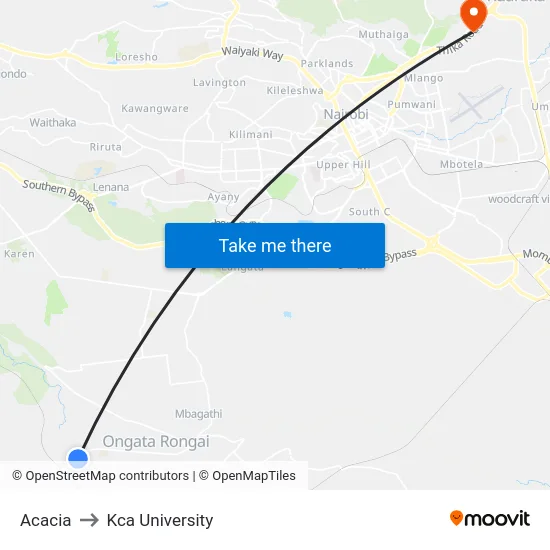Acacia to Kca University map