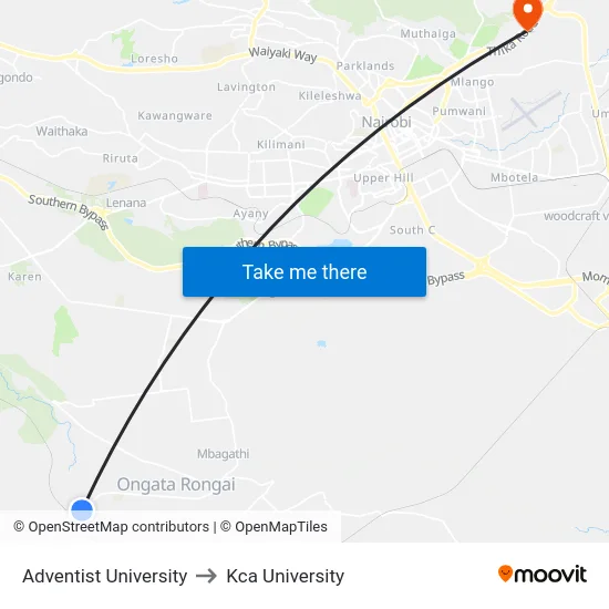 Adventist University to Kca University map