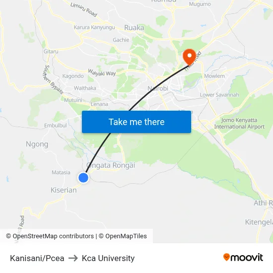 Kanisani/Pcea to Kca University map