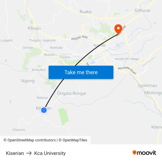 Kiserian to Kca University map