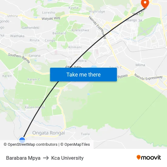 Barabara Mpya to Kca University map