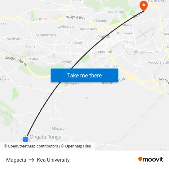 Magacia to Kca University map