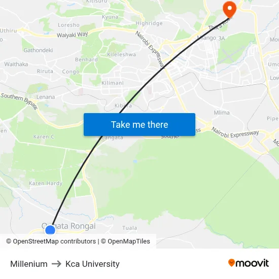 Millenium to Kca University map