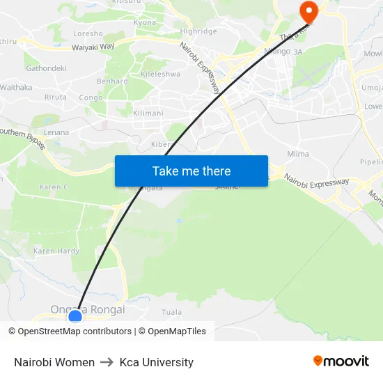 Nairobi Women to Kca University map