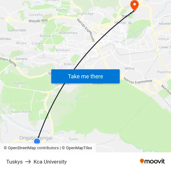 Tuskys to Kca University map