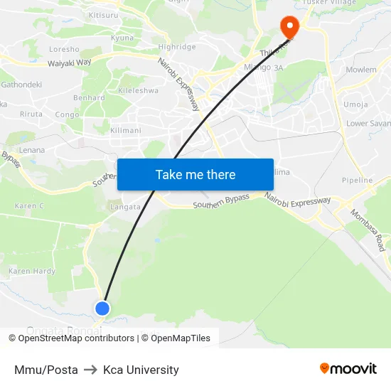 Mmu/Posta to Kca University map