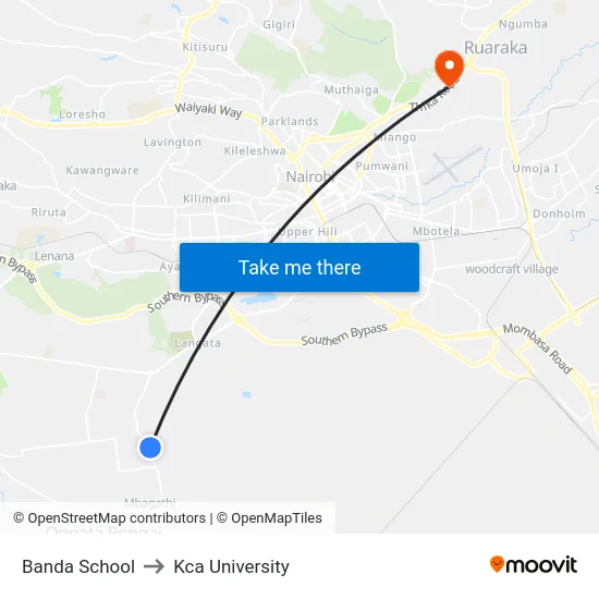 Banda School to Kca University map