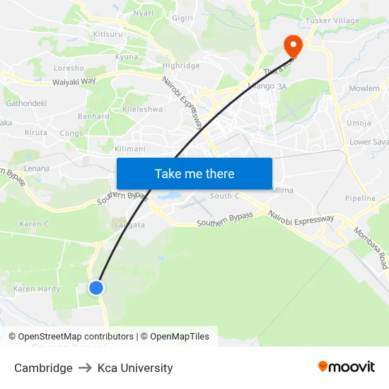Cambridge to Kca University map
