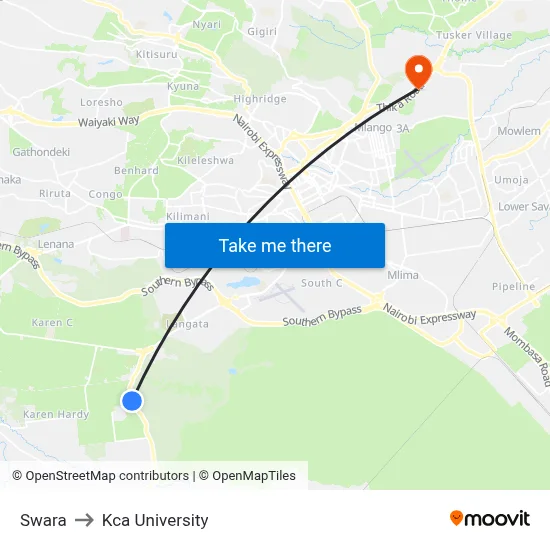 Swara to Kca University map