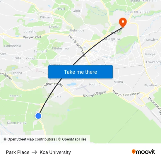 Park Place to Kca University map