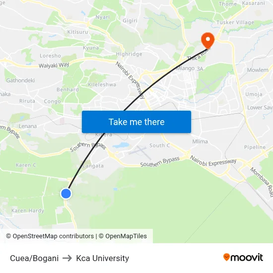 Cuea/Bogani to Kca University map
