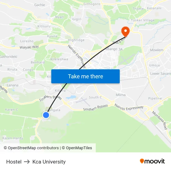 Hostel to Kca University map
