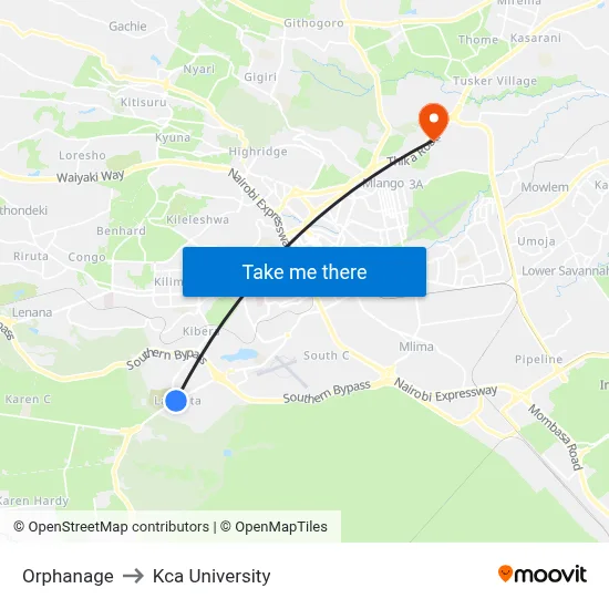 Orphanage to Kca University map