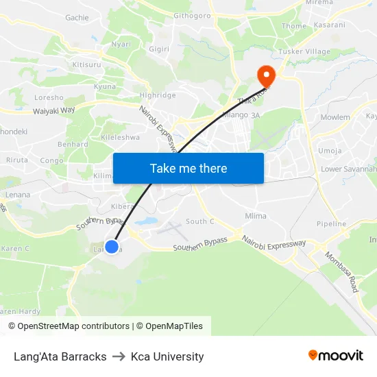 Lang'Ata Barracks to Kca University map