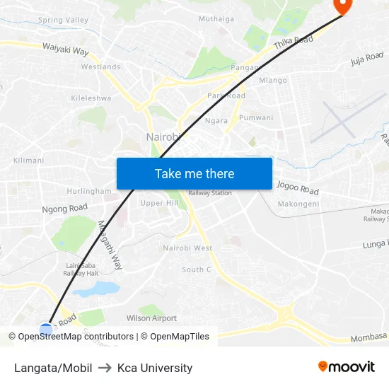 Langata/Mobil to Kca University map