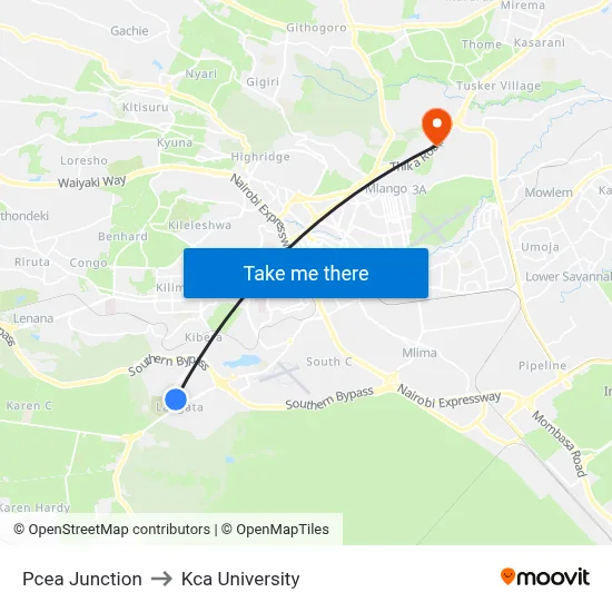 Pcea Junction to Kca University map