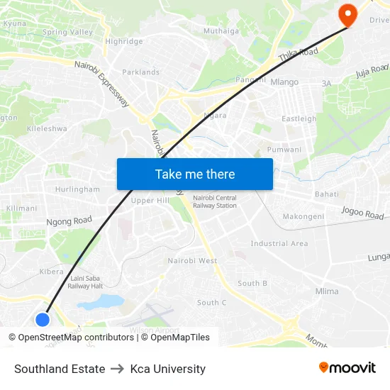 Southland Estate to Kca University map