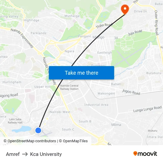 Amref to Kca University map