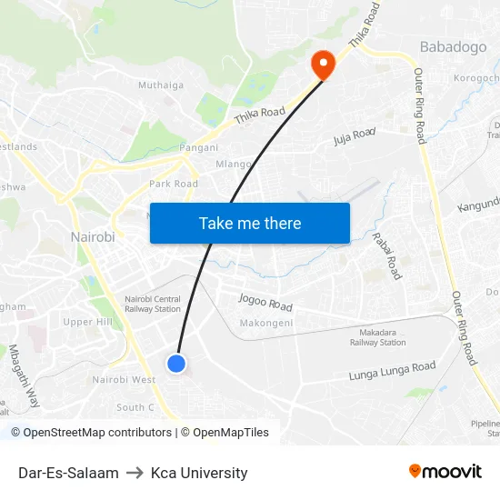 Dar-Es-Salaam to Kca University map