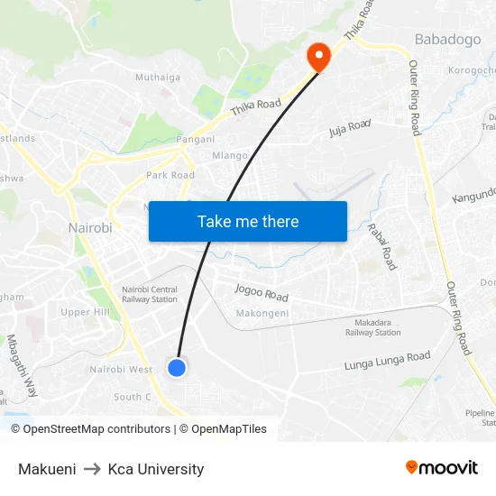 Makueni to Kca University map