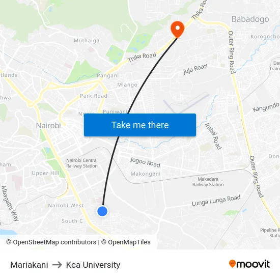 Mariakani to Kca University map