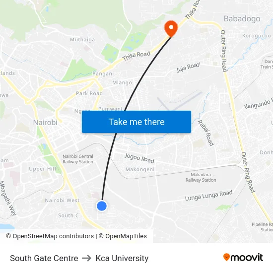 South Gate Centre to Kca University map