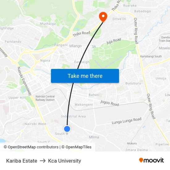 Kariba Estate to Kca University map