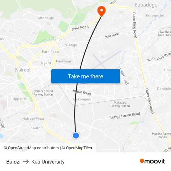 Balozi to Kca University map