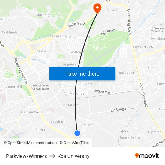 Parkview/Winners to Kca University map