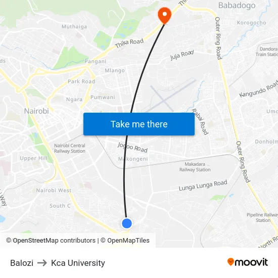 Balozi to Kca University map