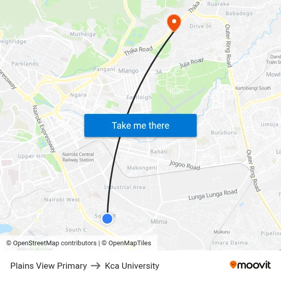 Plains View Primary to Kca University map