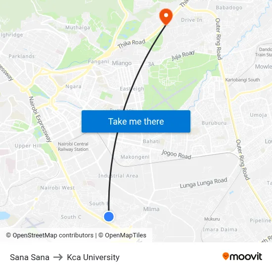 Sana Sana to Kca University map