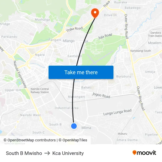 South B Mwisho to Kca University map