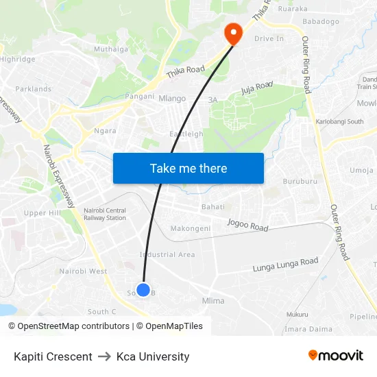 Kapiti Crescent to Kca University map