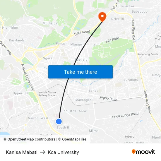 Kanisa Mabati to Kca University map
