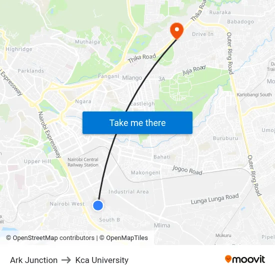 Ark Junction to Kca University map