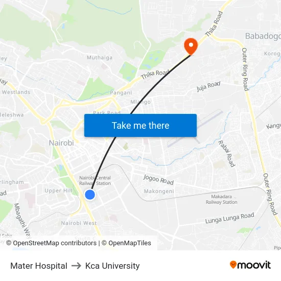 Mater Hospital to Kca University map