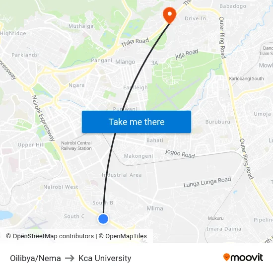 Oilibya/Nema to Kca University map