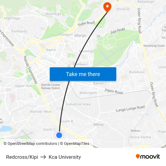 Redcross/Kipi to Kca University map