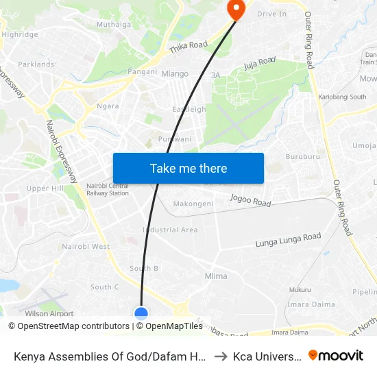 Kenya Assemblies Of God/Dafam Hotel to Kca University map