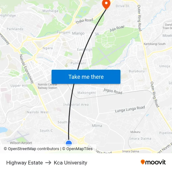 Highway Estate to Kca University map