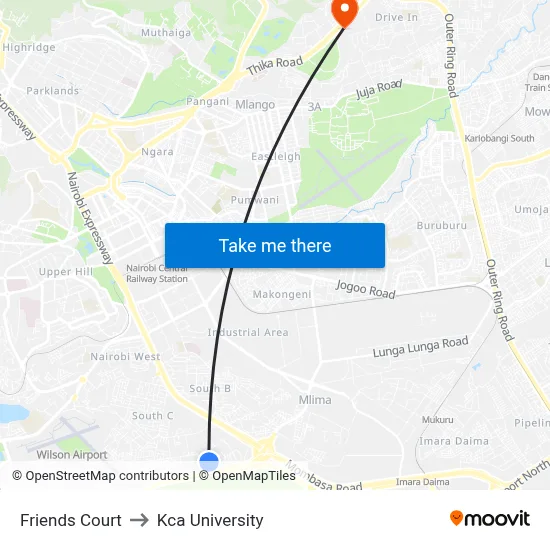 Friends Court to Kca University map
