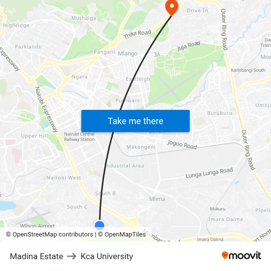 Madina Estate to Kca University map