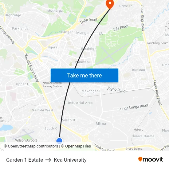 Garden 1 Estate to Kca University map