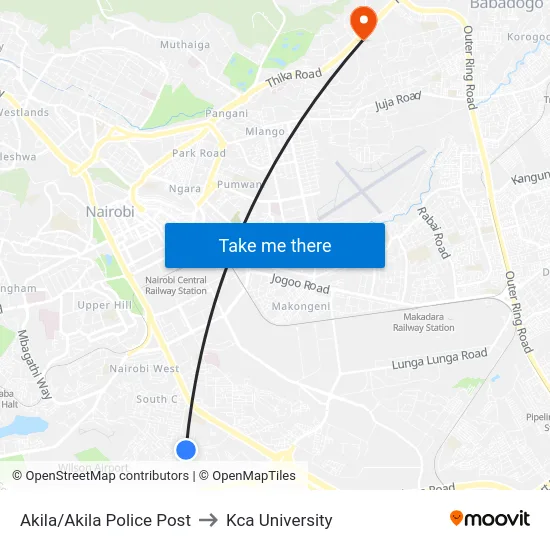 Akila/Akila Police Post to Kca University map