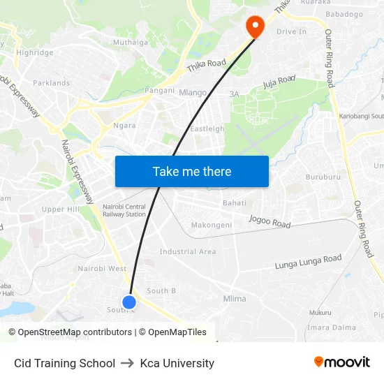 Cid Training School to Kca University map